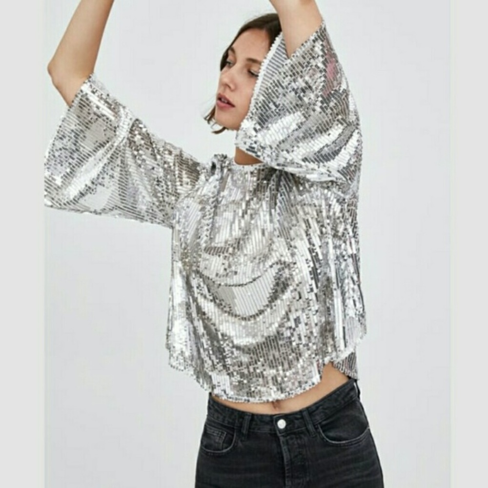 Zara Trafaluc Silver Sequin Top